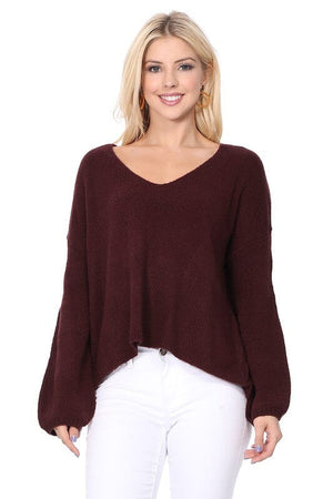 Wide V-Neck Oversized Sweater Top w. Side Slit Mak 