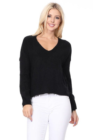 Wide V-Neck Oversized Sweater Top w. Side Slit Mak Black S 
