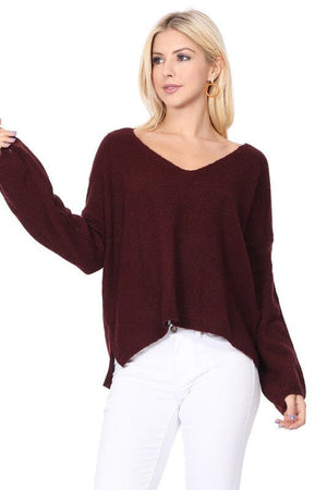 Wide V-Neck Oversized Sweater Top w. Side Slit Mak Burgundy S 