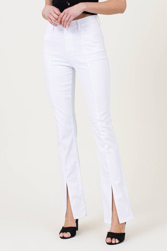 High-waist pants with wide leg and front slits in white