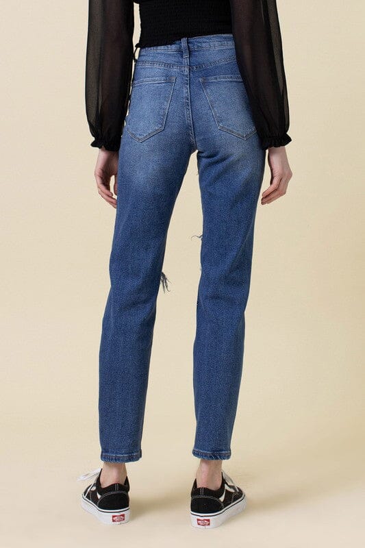 High fashion waist distressed mom jeans