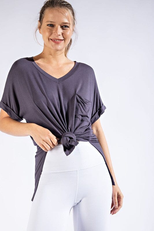 Rae Mode Womens Animal Print V-Neck Slit Side Short Sleeve Pockets