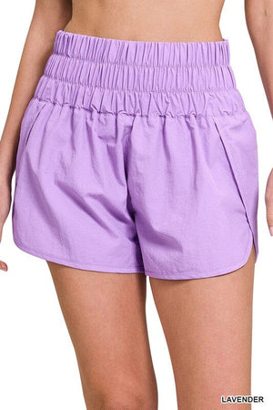 WINDBREAKER SMOCKED WAISTBAND RUNNING SHORTS ZENANA LAVENDER S 